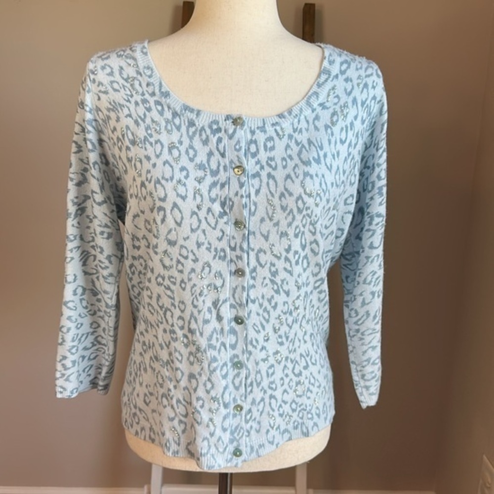 i.e. Blue Leopard Print Button Up Cardigan Sweater with Sequins Size Medium GUC